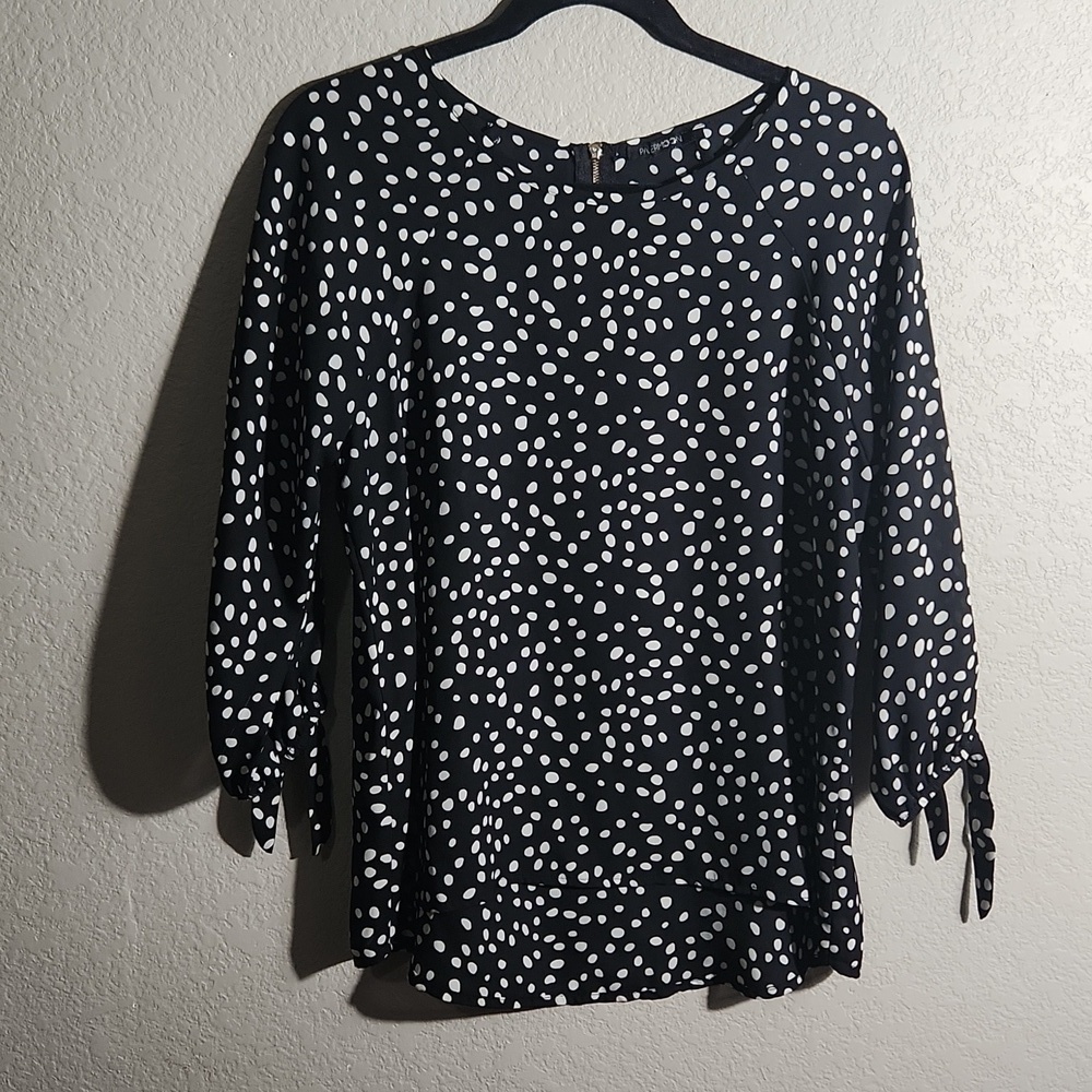 Papermoon Top womens blouse black white polka-dot 3/4 sleeve high low Size M